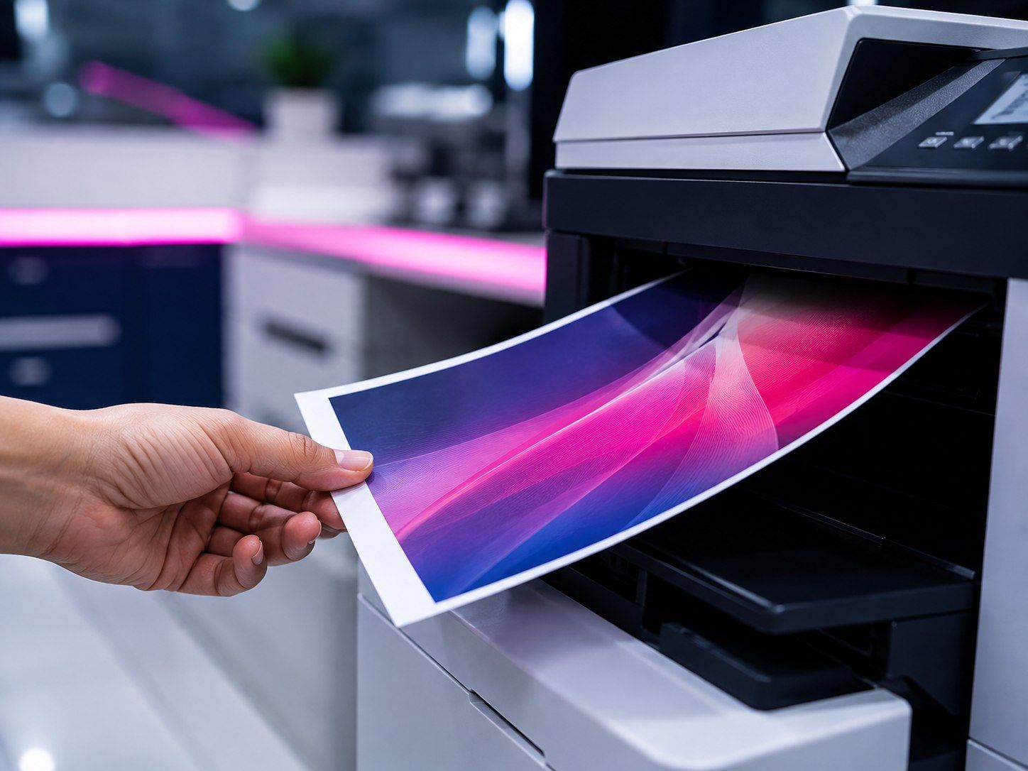 A hand pulling a freshly printed A4 page out of a printer