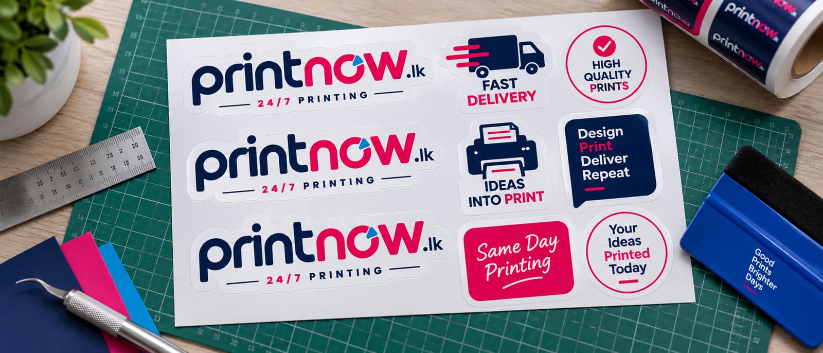 A sheet of die-cut waterproof vinyl stickers freshly printed