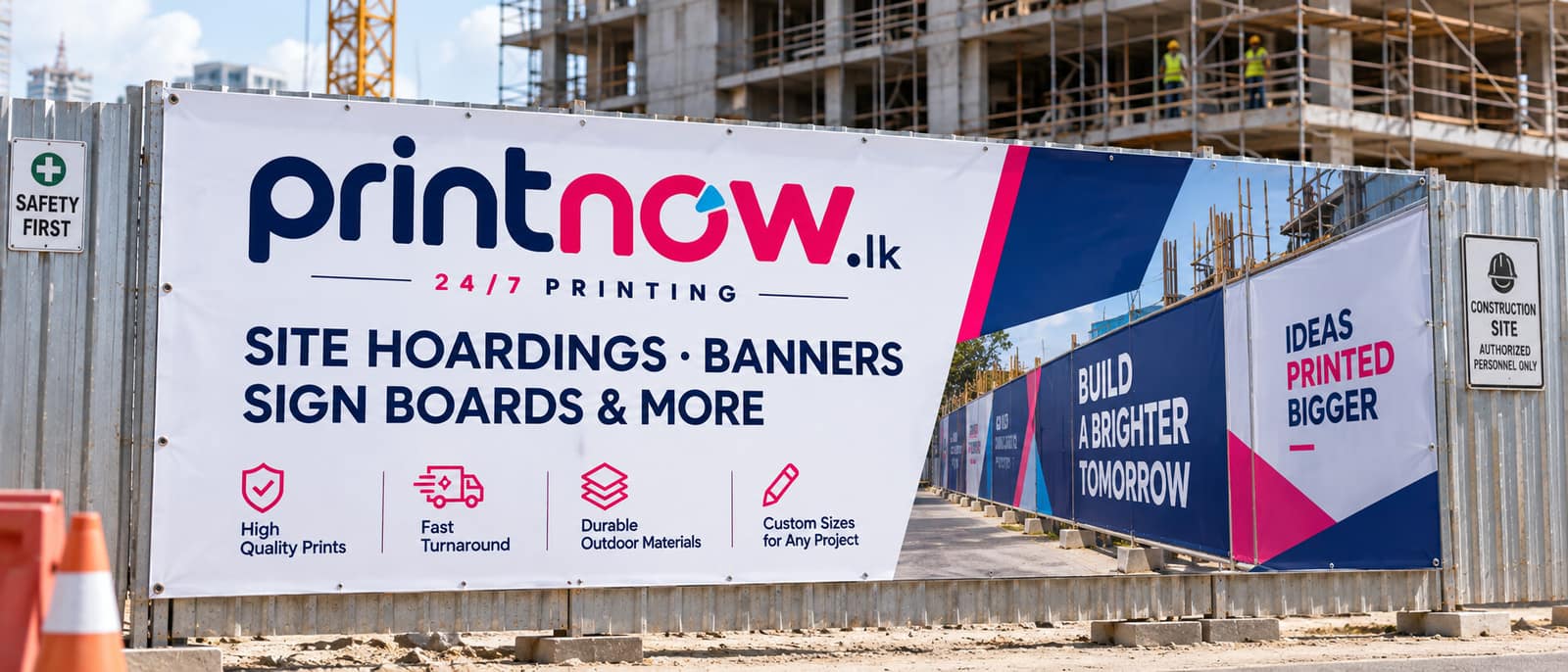 A synthetic paper print sign installed outdoors on a construction site