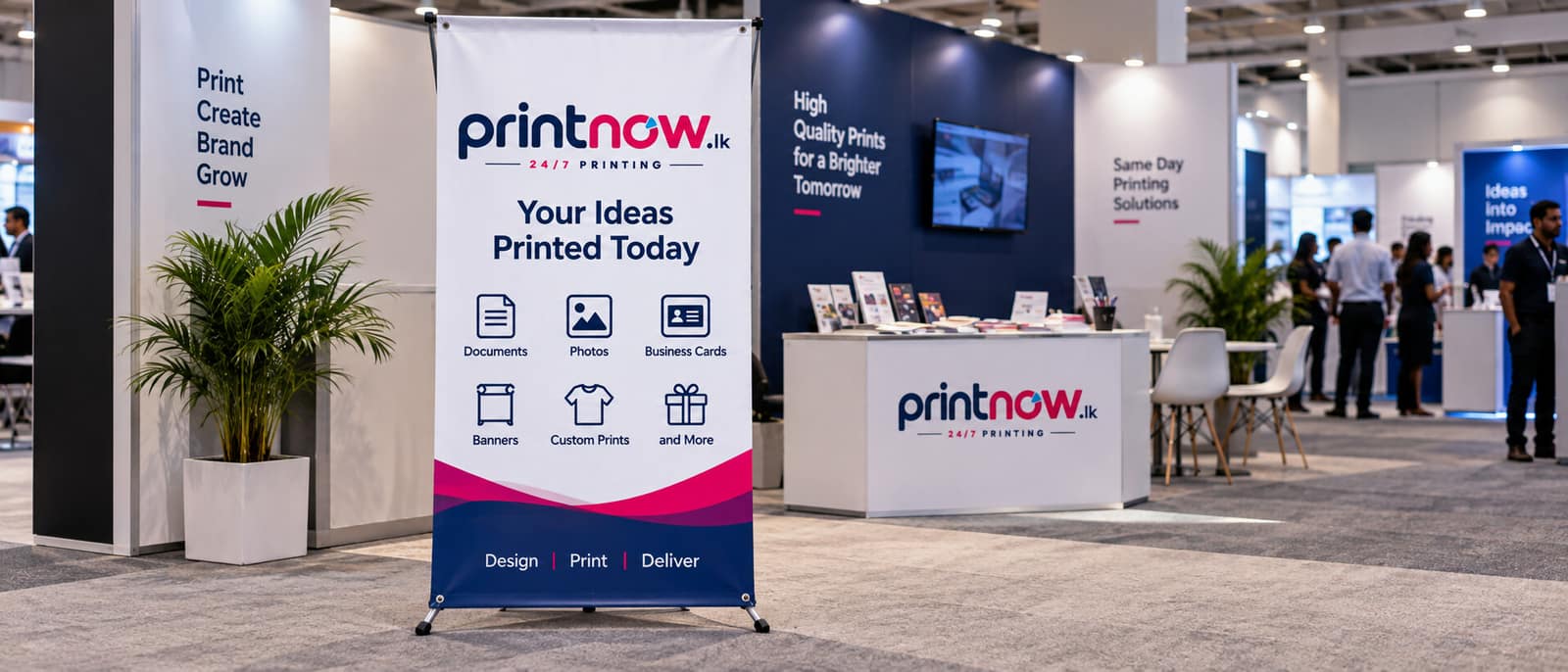 A printed X-Banner stand set up indoors at an exhibition stall